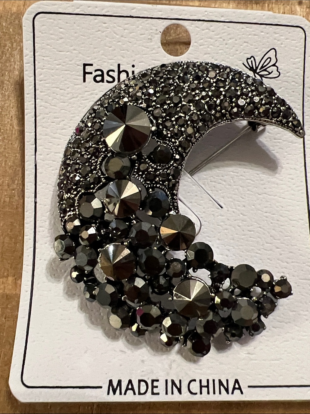 3/$18 Moon Crystal Brooch - Black Crystal Crescent Pin Lot 6065
